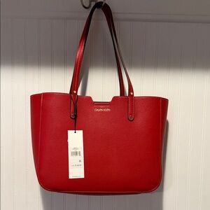 Calvin Klein Red Pebbled Leather Tote with Gold Logo